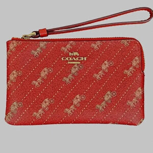 Coach Crimson Red Money Purse with Zipper Leathered Handle Classic Pattern